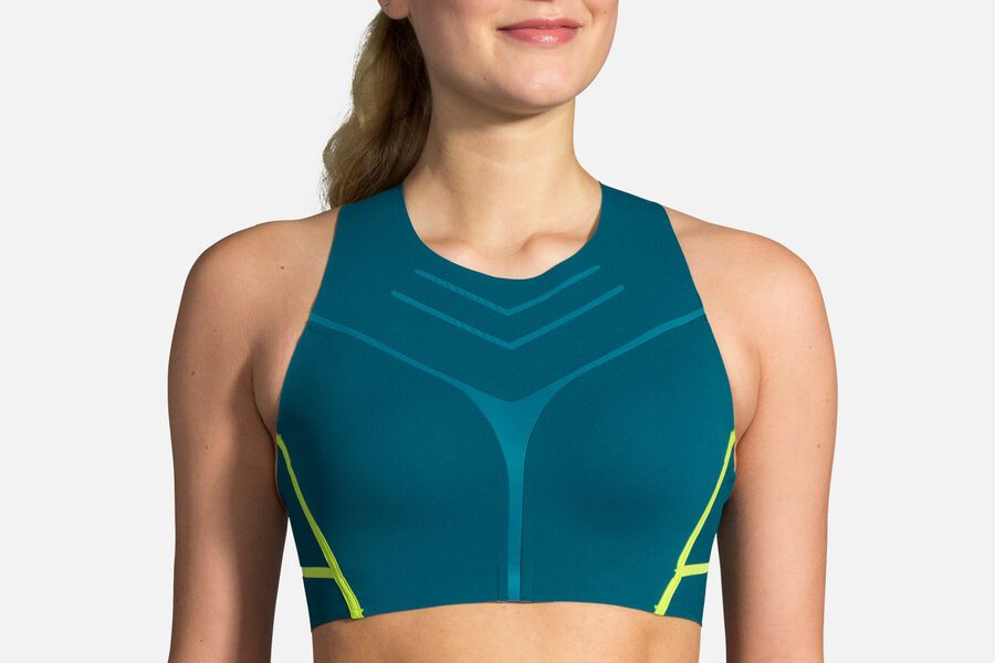 Womens Brooks Dare High-Neck Run Bras Deep Sea/Lime | 408316-YOU